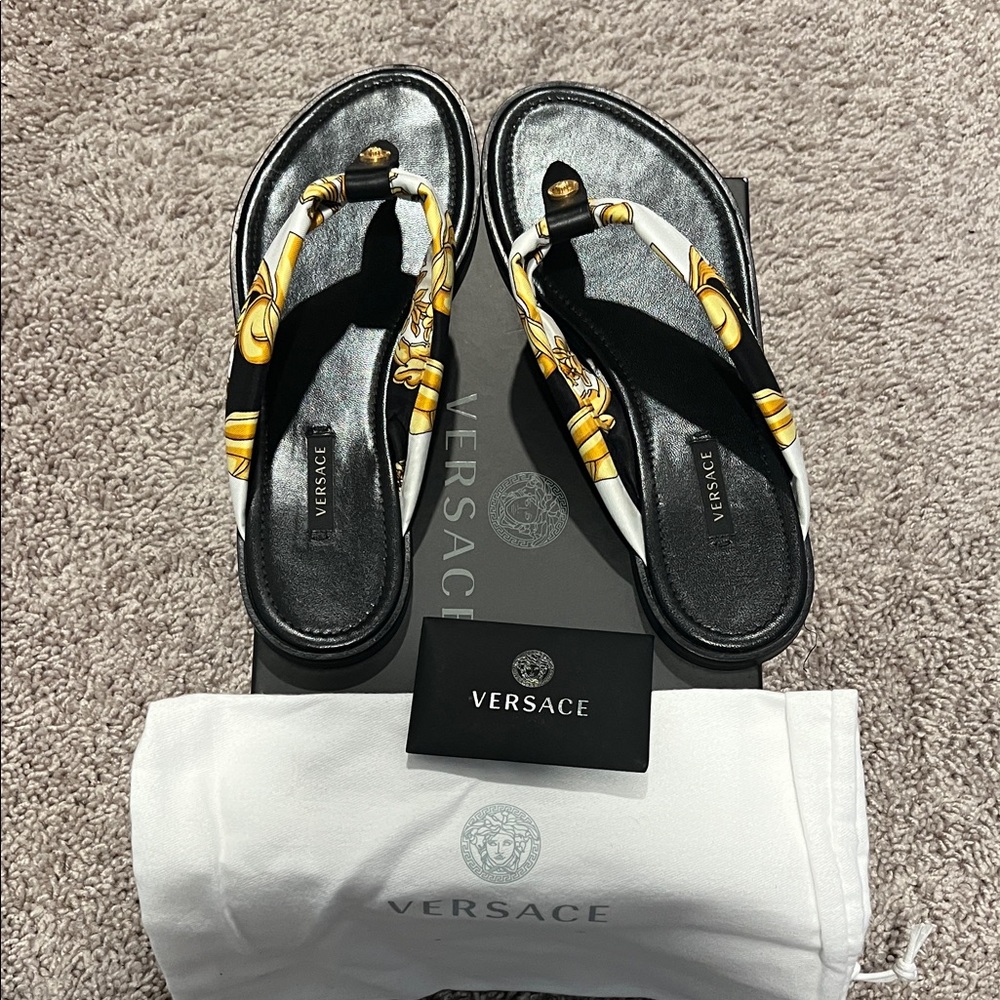 Versace Black and Gold Patterned Sandals